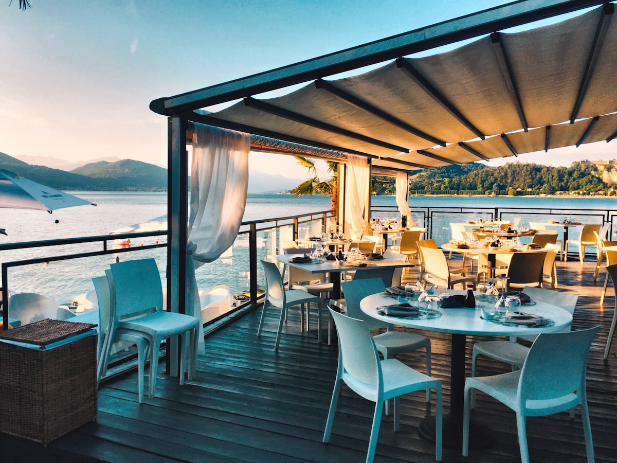 Upscale restaurant interior with food and warm ambiance