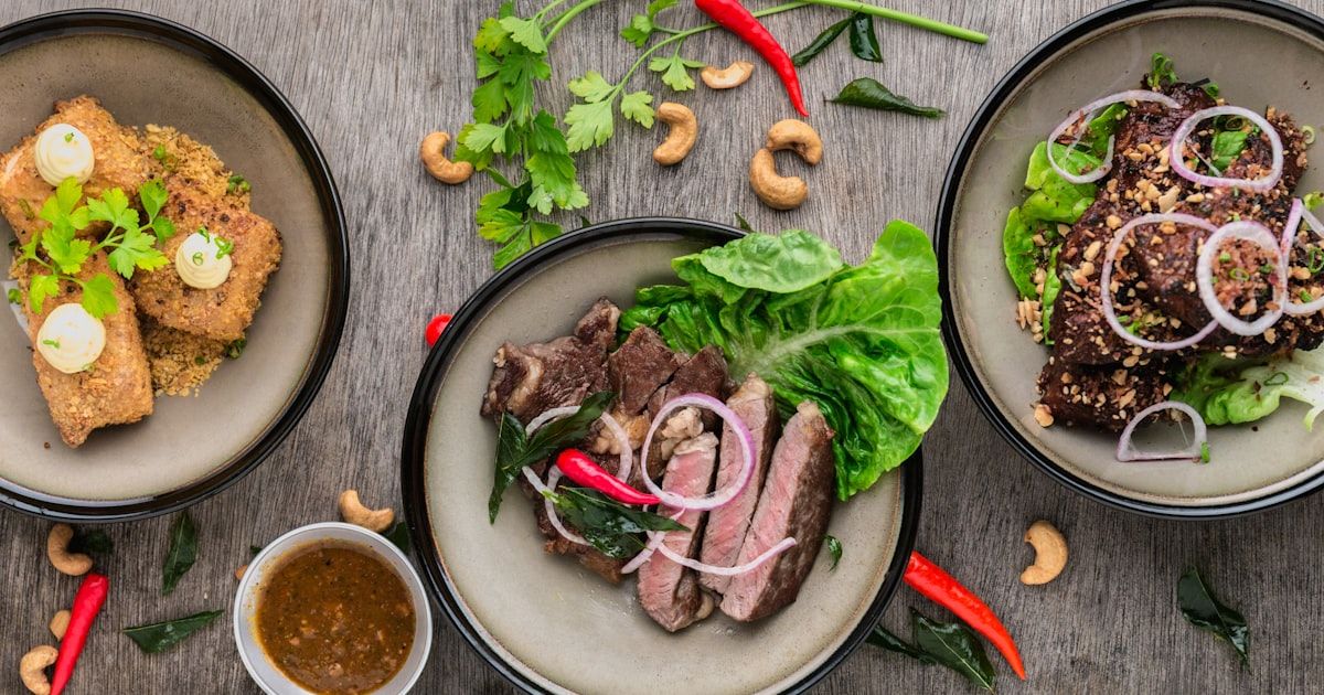 Colorful fresh food spread on table — dining rewards