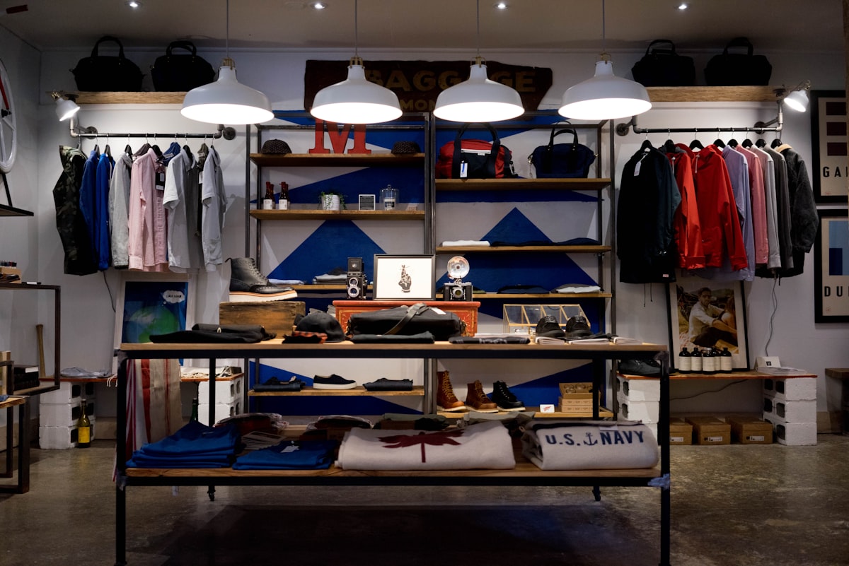 Retail clothing store interior with racks and shelves